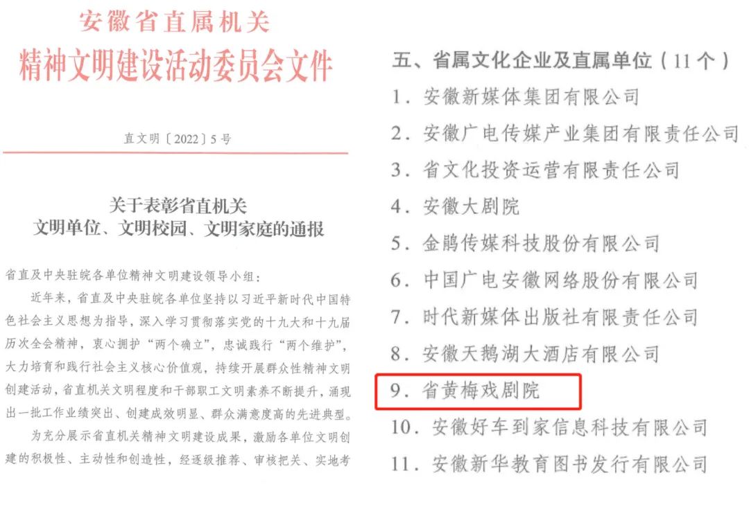 安徽省<a href=http://www.xiaopiaoyou.com/huangmeixidefayuandi/ target=_blank class=infotextkey>黄梅戏</a>剧院荣获省直机关文明单位称号